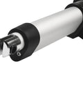 Front view of a silver aluminum linear actuator with black end caps and rod-end mounting lug.