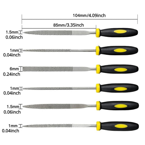 6pcs mini metal rasp needle files with black-yellow handles, 140 mm long for woodworking