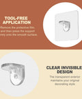 Clear adhesive shelf bracket demonstrating tool-free application and invisible design, part of 20 Pack Legit Heavy Duty Adhesive Shelf Brackets With Rock Solid Self Stick Backing For Kitchen Cabinets And Closets No Sweat Tool Free Install No Drill Hassle Top Tier Partition Supports.