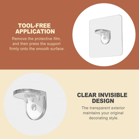 Clear adhesive shelf bracket demonstrating tool-free application and invisible design, part of 20 Pack Legit Heavy Duty Adhesive Shelf Brackets With Rock Solid Self Stick Backing For Kitchen Cabinets And Closets No Sweat Tool Free Install No Drill Hassle Top Tier Partition Supports.