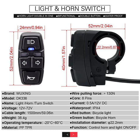 Ebike Headlight And Taillight Set With LED Running Lights And Brake Light, Turn Signal Ready light and horn switch details