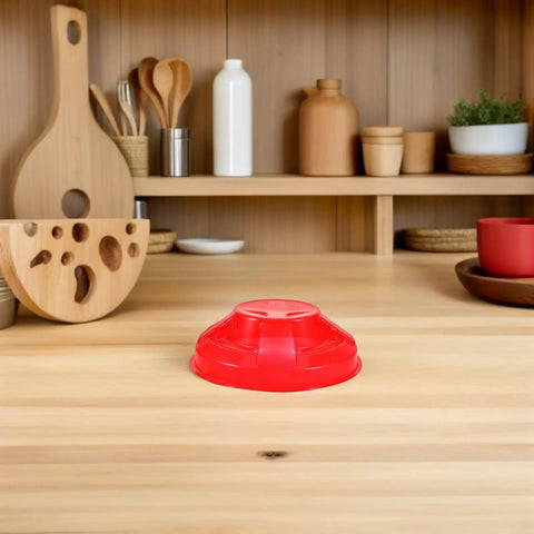 Tough Plastic Smoke Alarm Covers Four Pack Waterproof Dust Protector Shield Keep Kitchen Detectors Spotless Hassle Free Easy Snap On Grease Guard For Busy Kitchens, red cover on wooden kitchen countertop.