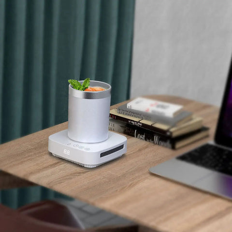 Compact Electric Cup Cooler And Warmer With Triple Temp Settings holds a 450ml drink on a desk, perfect for daily sipping.