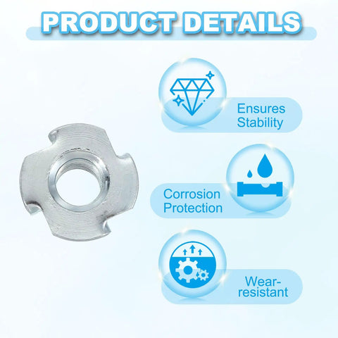 Close-up of Tough As Nails M12 T Nut highlighting features like corrosion protection and stability in woodwork.