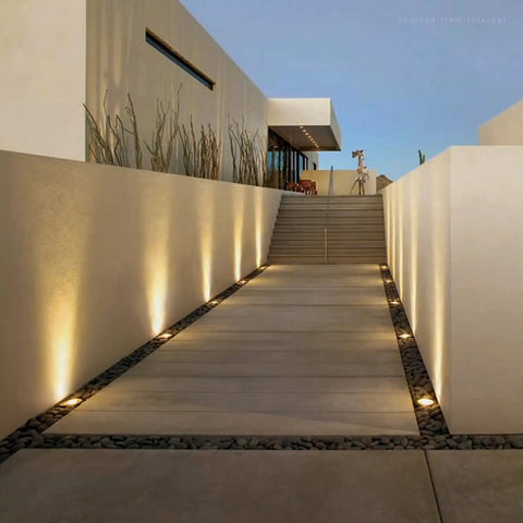 Outdoor path with 12 Pack 7W LED Landscape Well Lights, 720LM, 12-24V AC/DC Low Voltage, CRI90, IP67 Waterproof in black aluminum housing