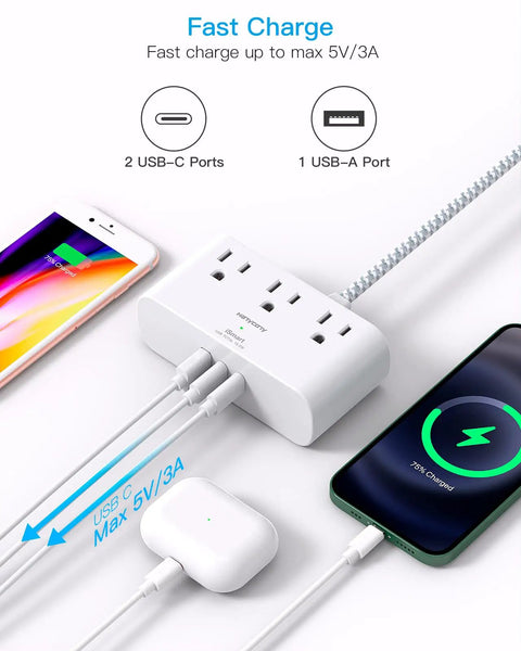 Flat Plug Power Strip Six Feet Ultra Thin Flat Extension Cord With Three Outlets And Three USB Ports Including Two USB C No Surge Protector