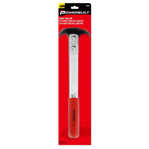 Powerbuilt seal puller front view with red handle and silver blade on red packaging