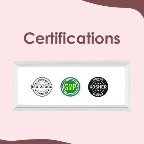 Image showing ISO 22000, GMP, and Kosher certifications on a framed white background, symbolizing quality and compliance.