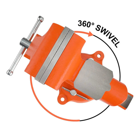 Heavy Duty 5 Inch Bench Vise With Swivel Base And Anvil, top view showing full 360-degree swivel capability, orange iron construction