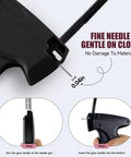 Close-up of DIY Quick Stitch Sewing Gun Kit with 6 Mini Needles and 4000 Fasteners showing needle entry and usage steps.