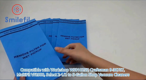 Hand holding 9 Pack Wet Dry Vacuum Filter Bags For Stinger 2.5 To 5 Gallon Shop Vacuums And Compatible With WORKSHOP WS01025F WS0255VA.
