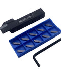 Lathe Grooving Tool Holder MGEHR1616-2 with 11 MGMN200-G carbide inserts and wrench on white background