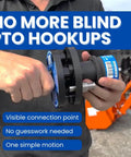 Built Tough PTO Quick Connect Quad Bundle For Tractors 35 To 130 HP Fast Attach With One Female Tractor Coupler And Three Male Implement Couplers Works With 3 Point Hitch Or Drawbar Implements shown in hand.