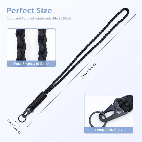Built Tough Paracord Neck Lanyard Keychain For Everyday Carry Outdoor Survival Ready With HK Clip and Key Ring detail showing size and material.