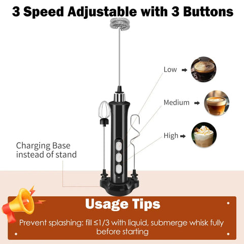 Rechargeable Handheld Milk Frother With 3 Speed Settings And 3 Detachable Stainless Whisks on charging base, black model
