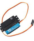 Heavy Duty Digital Servo Motor With 12kg Torque And 90 Degree Sweep featuring steel casing and wires for precision RC vehicles.