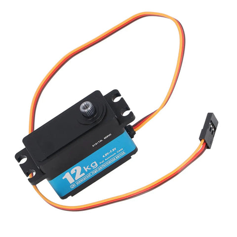 Heavy Duty Digital Servo Motor With 12kg Torque And 90 Degree Sweep featuring steel casing and wires for precision RC vehicles.