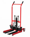 No Sweat Manual Hydraulic Pallet Jack Foldable Fork Truck, red with steel tines, 440 lb capacity, smooth swivel wheels for easy maneuvering.