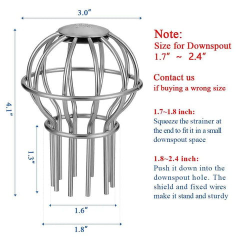 Pro Grade Round Downspout Gutter Strainer For One Point Seven To Two Point Four Inch Downspouts 304 Stainless Steel Filter
