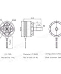 Technical diagram of RS2205 2300KV Brushless Motors 4 Pack for FPV racing quadcopters with dimensions and specifications.