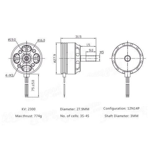 Technical diagram of RS2205 2300KV Brushless Motors 4 Pack for FPV racing quadcopters with dimensions and specifications.