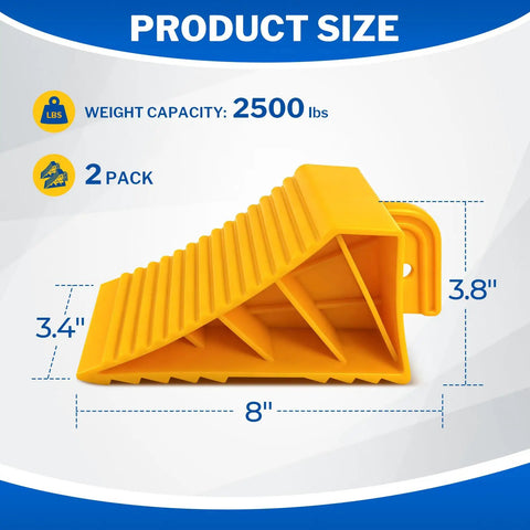 Heavy Duty Wheel Chocks For Rvs And Trailers, Non Slip Tire Stoppers With Durable Rope, Grooved Parking Blocks For Campers Trucks And Boats, Built Tough As Nails To Keep Your Rig Locked Down Tight, showing dimensions and weight capacity.