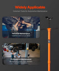 Underhoist Support Stand Three Quarter Ton Capacity With Two Wheels Adjustable Height From Fifty One To Eighty Inches Bearing Mounted Spin Handle And Foot Pedal Built Tough Tubular Steel Vehicle Lift Stand For Auto Repair displayed beside auto maintenance images.