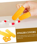 100 Pack Anti Static Latex Finger Covers For Joint Support And Blister Shield Heavy Duty Finger Guards in yellow over fingers.