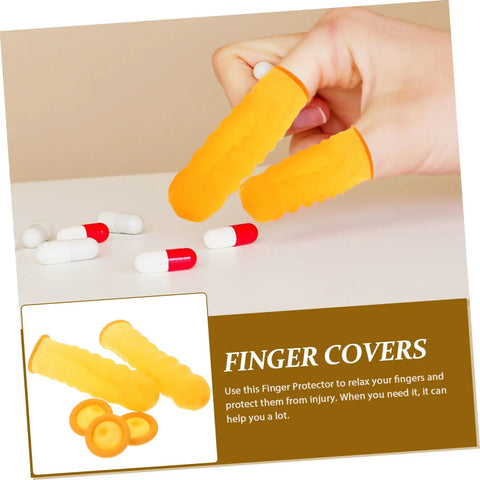 100 Pack Anti Static Latex Finger Covers For Joint Support And Blister Shield Heavy Duty Finger Guards in yellow over fingers.