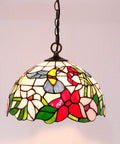 Old School Tiffany Hummingbird Amber Stained Glass Pendant Light Fixture With 12 Inch Wide Shade, floral pattern, hardwired, S101 series