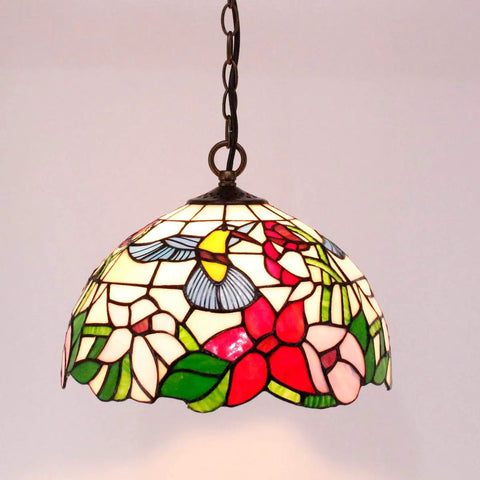 Old School Tiffany Hummingbird Amber Stained Glass Pendant Light Fixture With 12 Inch Wide Shade, floral pattern, hardwired, S101 series