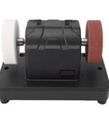 No Nonsense Plug Free Mini Bench Grinder Featuring Dual Grinding Wheels Variable Speed Dial And Heavy Duty Shock Absorption front view with two grinding wheels.