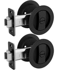 Matte Black Round Pocket Door Lock Set For Two One Eighth Inch Bore, Easy Install Hardware, Reversible Latch, Two Pack