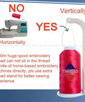 Image showing proper use of thread stand for 5,000M spool of Red Polyester Machine Embroidery Thread 120D/2, not for machine spindle.
