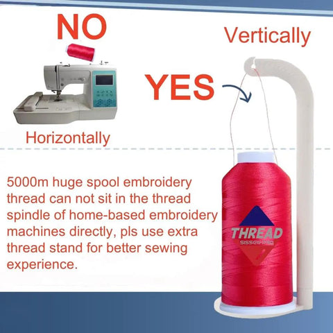 Image showing proper use of thread stand for 5,000M spool of Red Polyester Machine Embroidery Thread 120D/2, not for machine spindle.