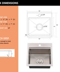 Diagram showing 15 Inch Drop In Bar Sink Stainless Steel 16 Gauge Single Bowl with dimensions and installation details.
