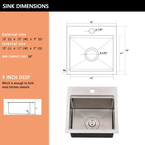 Diagram showing 15 Inch Drop In Bar Sink Stainless Steel 16 Gauge Single Bowl with dimensions and installation details.