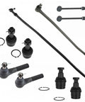 Factory Spec Ten Piece Steering And Suspension Overhaul Kit With Ball Joints Sway Bar Links And Tie Rod Ends For Ford F350 1992 To 1997 4x4 Truck components layout with ball joints, sway bar links, and tie rod ends.