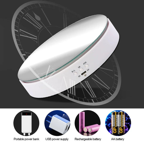 Smart Motorized Rotating Display Stand Electric Turntable 360 Degree Spin Platform, white with controls, ideal for product showcases.