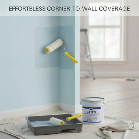 Heavy Duty Synthetic Fiber Paint Roller Cover With Dual Yellow Guide Strips For Flawless Latex Application On Walls Drywall And Ceilings Smooth Operator No Skip Drip Free Weekend Warrior Gear in action applying paint to corner
