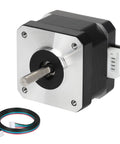 NEMA 17 stepper motor front view with silver faceplate, black housing, protruding shaft, and 1 m cable with white connector.