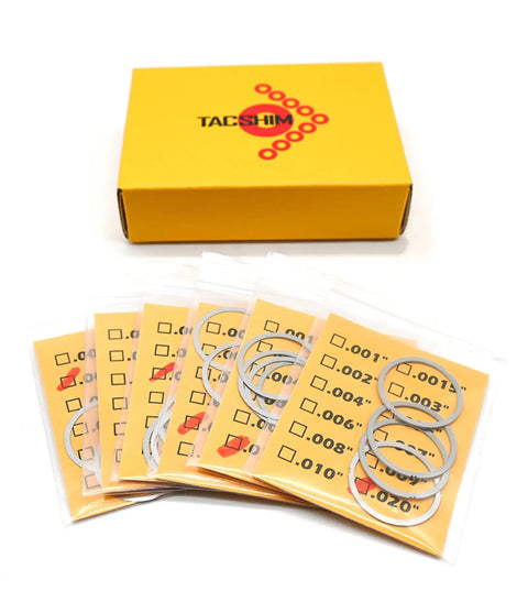 Barrel Shim Kit For.338 Lapua And.300BLK With 3/4x24, M18x1 And M18x1.5 Threaded Patterns, 20 pack shims displayed