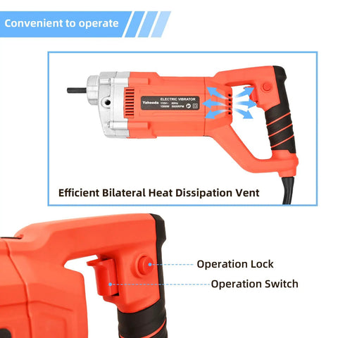 Close-up of Electric Concrete Vibrator Workhorse 1500W 110V Handheld With 6.6 Ft Shaft showing operation lock and heat dissipation vent.