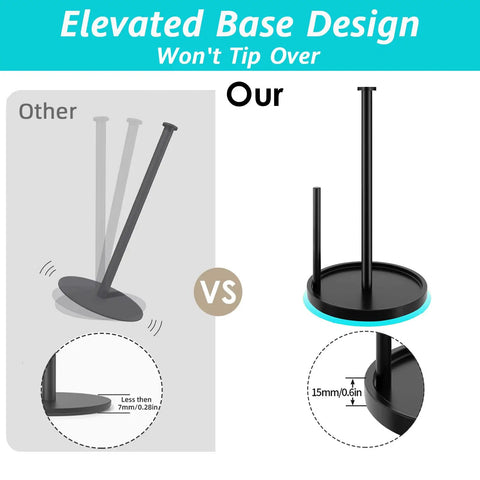 Stainless Steel Freestanding Paper Towel Holder For Countertop, black holder with elevated anti-slip base design.