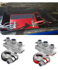 2 Pack 3 Way Battery Terminal Connectors Universal Top Post Clamps Positive Negative Copper Plates For Cars Trucks Boats, showing connectors with a battery.