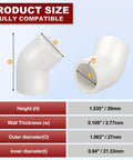 Dimensions of Half Inch 45 Degree PVC Elbow Fitting Four Pack SCH40 Socket To Socket Furniture Grade DIY Corner Connector