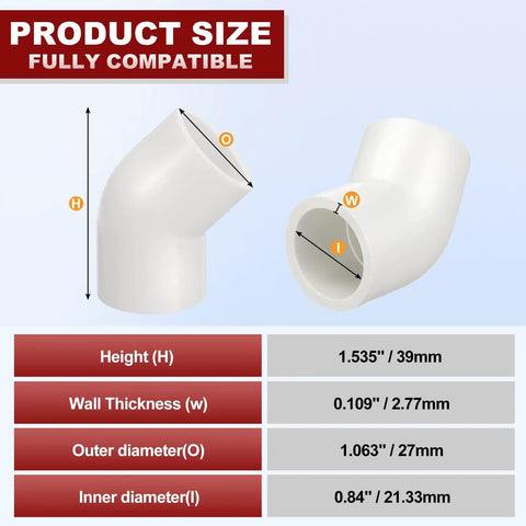Dimensions of Half Inch 45 Degree PVC Elbow Fitting Four Pack SCH40 Socket To Socket Furniture Grade DIY Corner Connector