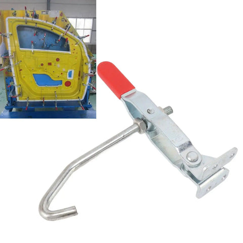 J Hook Toggle Clamp 170kg Holding Capacity Galvanized Iron With Red Grip next to an automotive door setup