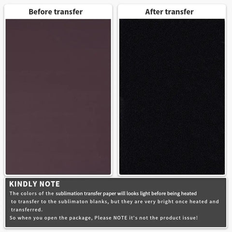 Image showing 'Before transfer' light color and 'After transfer' black of Black Sublimation Transfer Sheets 10 Pack 12 By 12 Inches Solid Color Paper For Heat Press Mugs T Shirts Coasters DIY Crafts Fabric And Ceramic Projects Seamless Print.