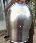 Close-up of Rugged Medieval Pauldrons Shoulder Armor For Knights, Steel Armor For SCA And LARP, with leather straps and buckles